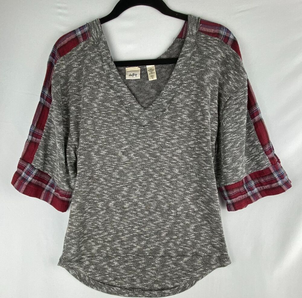 DAYTRIP Womens XS Gray Knit Top Red Plaid Bell Sleeve Mixed Media Boho Grunge